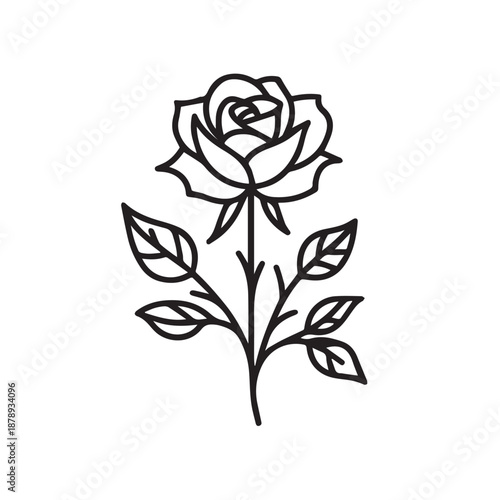 Simple rose flower bloom with leaves outline icon design isolated on white background