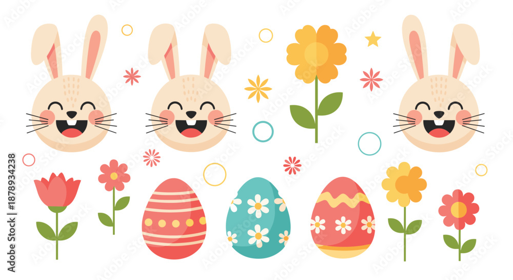Fototapeta premium Easter holiday decoration elements set with bunny faces painted eggs and colorful spring flowers.