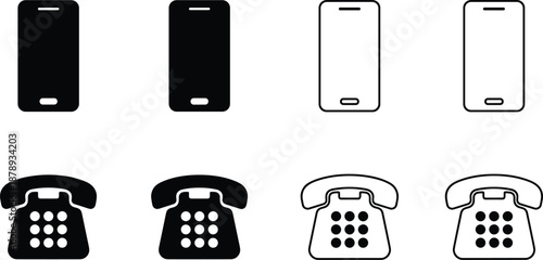 Set of eight minimalist phone icons featuring solid black and thin outline versions of smartphones and vintage desk telephones.