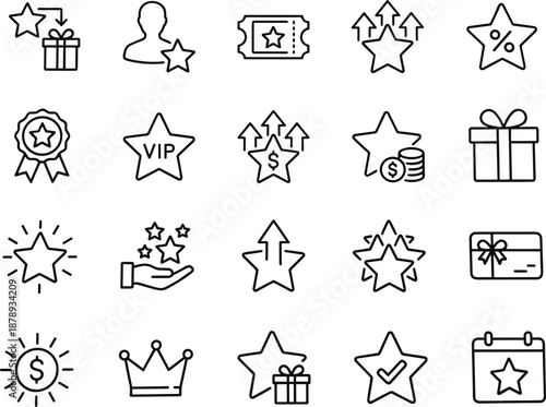 VIP Loyalty Rewards Icon Set Featuring Gift Boxes Star Ratings Discount Coupons Membership Badges Crown Symbols Credit Cards and Premium Bonuses