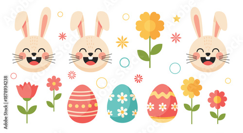 Easter holiday decoration elements set with bunny faces painted eggs and colorful spring flowers.