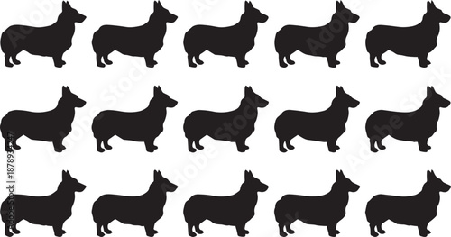Pattern of black corgi silhouettes on a white background
