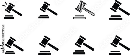 Set of eight solid black legal gavel icons featuring various hammer angles and striking positions for law justice.