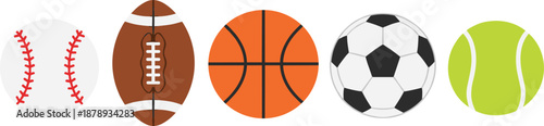 Set of five colorful sports balls featuring a baseball american football basketball soccer ball and a green tennis ball.