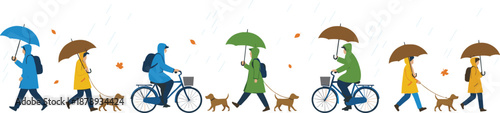 Rainy Autumn City Lifestyle Illustration with People Walking Dogs, Riding Bicycles, Holding Umbrellas, and Daily Outdoor Activities in Fall Weather Scene