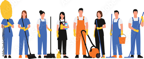 Professional Cleaning Service Team Illustration with Male and Female Cleaners Holding Equipment for Office, Home, and Commercial Maintenance Work