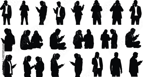 Black silhouette set of business people using smartphones and mobile devices, men and women talking on phones and texting, modern communication vector illustration.