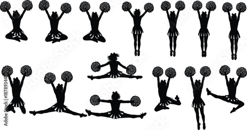 Black silhouette set of female cheerleaders performing energetic jumps and stunts with pom poms, active girls cheering team sports vector illustration, isolated.