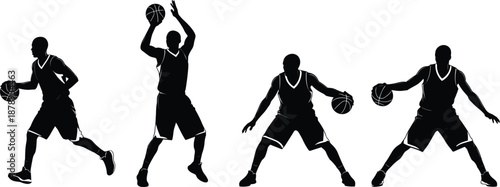 Set of four black silhouettes featuring basketball players in various action poses including dribbling and shooting a ball.