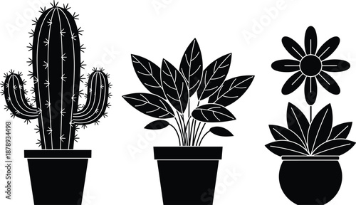 Black silhouette set of potted houseplants including a cactus and flowering plants, home garden botanical icons, indoor greenery vector illustration isolated on white.