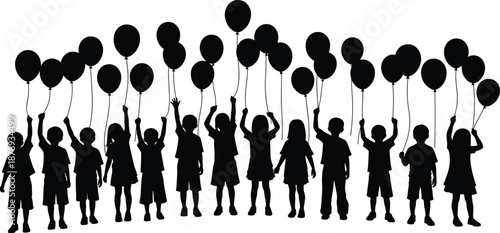 Black silhouette set of happy children holding balloons in the air, joyful group of kids celebrating with party balloons, childhood vector illustration isolated.