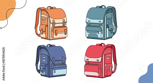 Set of four colorful school backpacks with different designs and pockets for education concept.