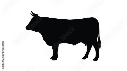 A striking black silhouette of a muscular bull standing in profile silhouette