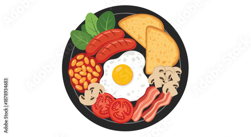 Hearty english breakfast plate with fried egg sausages beans bacon mushrooms tomatoes and toast.