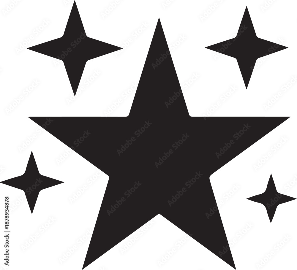 Obraz premium A black star surrounded by four smaller glittering stars on a white background