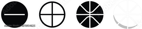 Set of four minimalist basketball icons showing geometric progress from a simple circle to a full ball design.