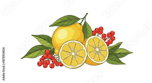 Vibrant illustration of a whole lemon and citrus slices surrounded by green leaves and clusters of small red berries on a white background.