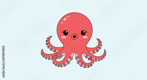 Cute and friendly red octopus character with large expressive eyes and a tiny mouth, isolated on a light blue pastel colored background.