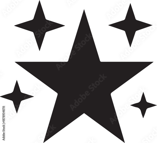 A black star surrounded by four smaller glittering stars on a white background