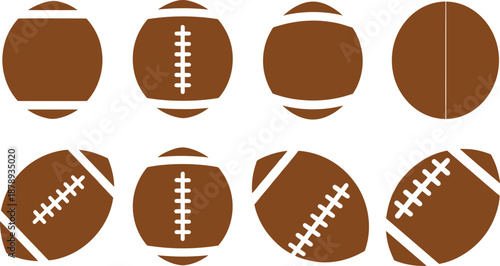 Set of American football ball icons in various simplified shapes and styles for sports graphics and design projects