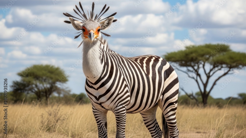 Fototapeta premium A Secretary Bird with a zebra-like body in a grassy field with trees in the background.