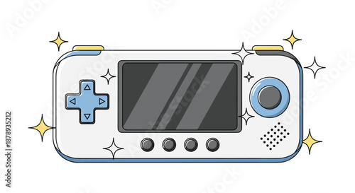 Handheld video game console illustrated with bright sparkles and stars, featuring a screen, d-pad, buttons, and a circular joystick.