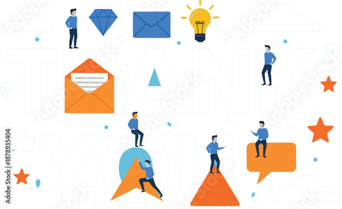 : Modern business thank you conceptual illustration with small professional characters working together on communicative symbols.