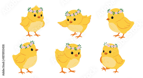 Adorable set of six yellow baby chicks wearing delicate pink flower crowns in various playful poses on a clean white background.
