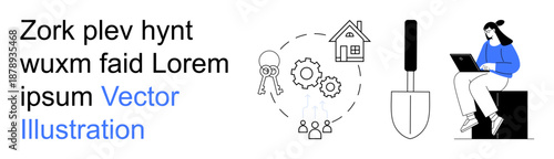 Remote work, technology innovation, team collaboration, digital workspace, home setup, project planning. Woman typing on a laptop, gear key and house icons. Remote work and technology innovation