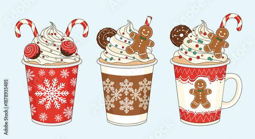 Three festive holiday beverages in decorated cups topped with whipped cream, gingerbread cookies, candy canes, and colorful sprinkles.