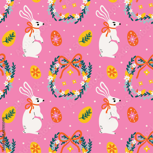 Easter holiday vector seamless pattern design with groovy funky cartoon illustration of white bunny, eggs, traditional food, wreath, spring flowers