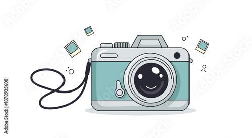 Adorable cartoon illustration of a light blue camera with a happy smiley face on the lens and small photo frames floating around it.