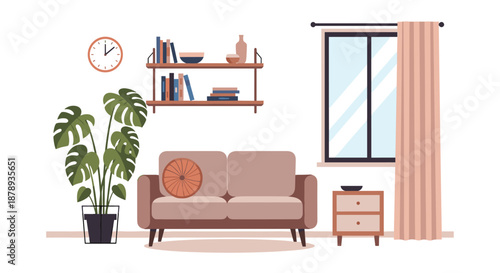 Contemporary living room interior design featuring a comfortable brown sofa, a large monstera plant, bookshelves, a side table, and a window.