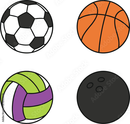 Set of four sports ball icons featuring a soccer ball basketball volleyball and a black bowling ball icon.