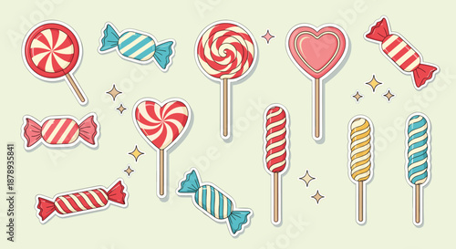 Assortment of sweet treats including various colorful lollipops in round, heart, and twist shapes, along with wrapped candies as stickers.