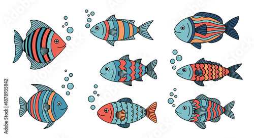 Vibrant set of various fish species decorated with colorful stripes and patterns swimming with bubbles against a clean white background.
