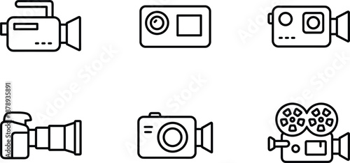 Set of six black line art camera icons featuring professional camcorders action cameras dslr lenses and vintage movie projectors.