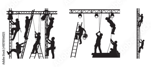 Stage Rigging Crew Workers Vector Silhouette Set, Concert Event Construction Scene Illustration.