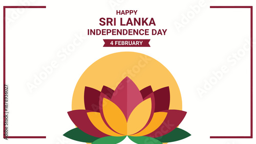 A vibrant illustration celebrating Sri Lanka Independence Day on February 4th, featuring a stylized lotus flower and a golden sun against a white background.
