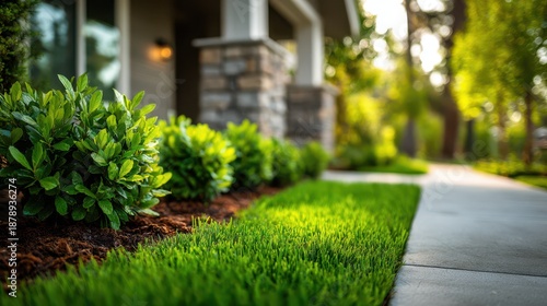 Wallpaper Mural Lush Green Lawn and Landscaped Garden with Concrete Pathway Leading to a House Torontodigital.ca