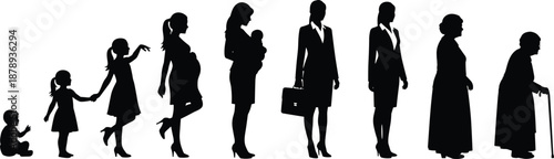 Silhouettes of woman life stages from childhood to old age, family evolution concept, career motherhood aging lifestyle illustration background
