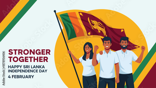 A diverse group of three people celebrating Sri Lanka Independence Day with the national flag, symbolizing unity and strength on February 4th.