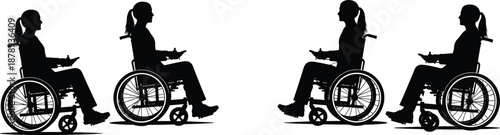 Silhouettes of woman in wheelchair in different sitting positions, disability inclusion concept, mobility assistance, accessible lifestyle illustration background