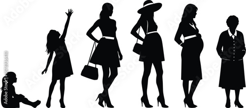 Silhouettes of women at different life stages, childhood to adulthood, fashion lifestyle evolution, female growth concept, modern society background illustration