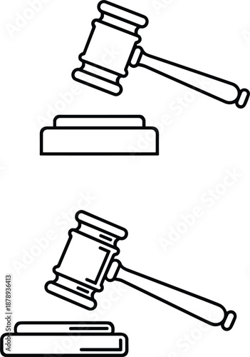 Set of two judge gavel icons featuring simple and detailed black line art outlines isolated on white background.