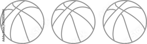 Set of three basketball icons featuring gray minimalist line art outlines isolated on a white background for sports.