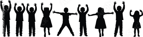 Silhouettes of happy children jumping and raising hands together, playful childhood concept, joy and freedom, active kids lifestyle background