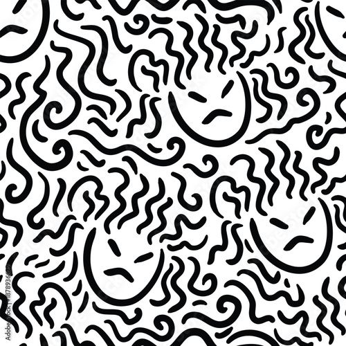 Angry face doodle seamless pattern. Curly hair black and white hand drawn pattern.