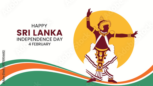 Happy Sri Lanka Independence Day illustration with a traditional Kandyan dancer in cultural attire against a yellow sun and flag-colored waves.