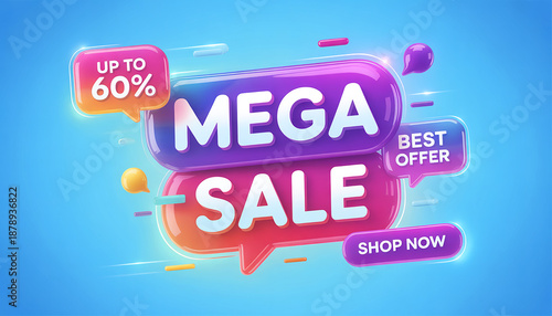 Modern Mega Sale Banner with 3D Speech Bubbles, Gradient Colors and Dynamic Lines